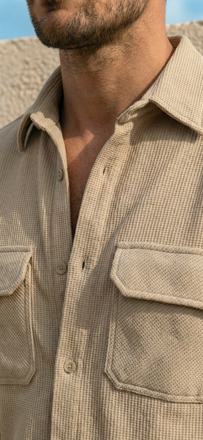 Beige Color Double Side Patch Pocket Knitted Fabric Shirt