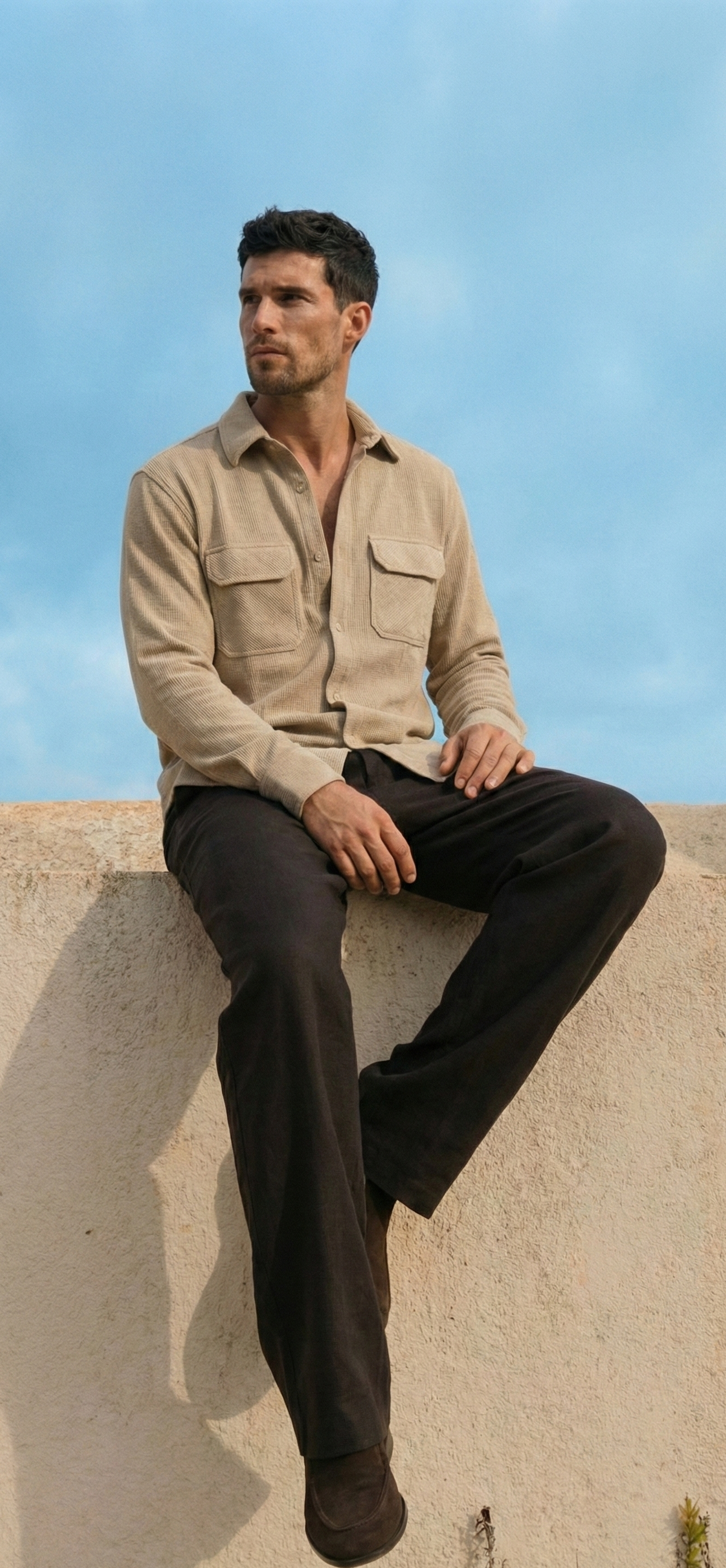 Beige Color Double Side Patch Pocket Knitted Fabric Shirt