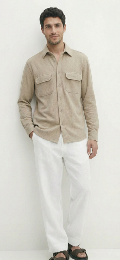 Beige Color Double Side Patch Pocket Knitted Fabric Shirt