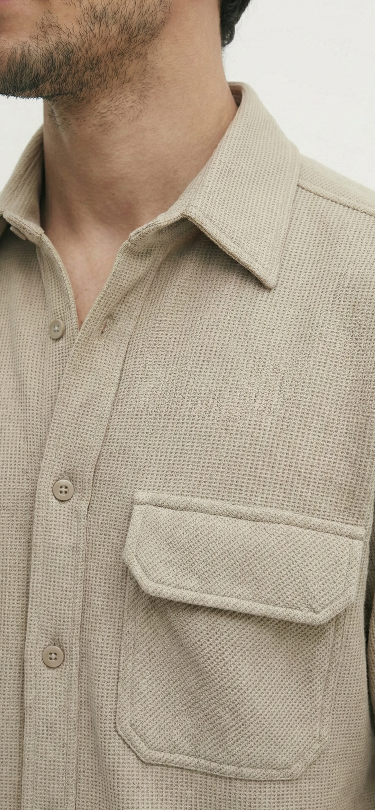 Beige Color Double Side Patch Pocket Knitted Fabric Shirt