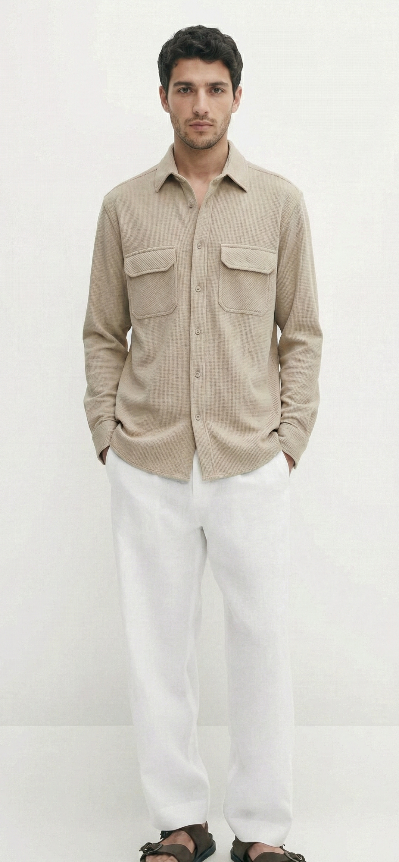 Beige Color Double Side Patch Pocket Knitted Fabric Shirt