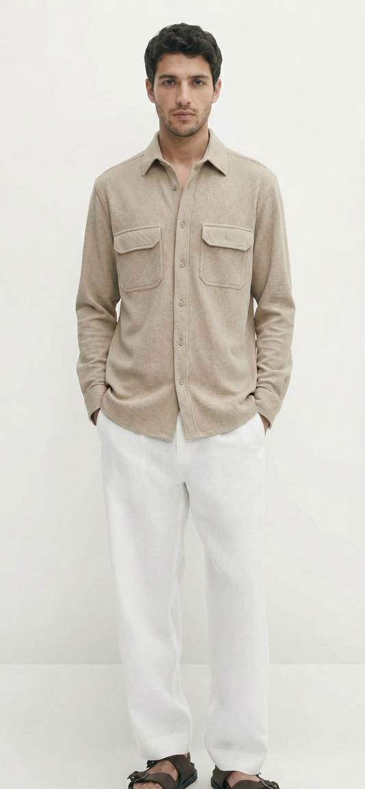 Beige Color Double Side Patch Pocket Knitted Fabric Shirt