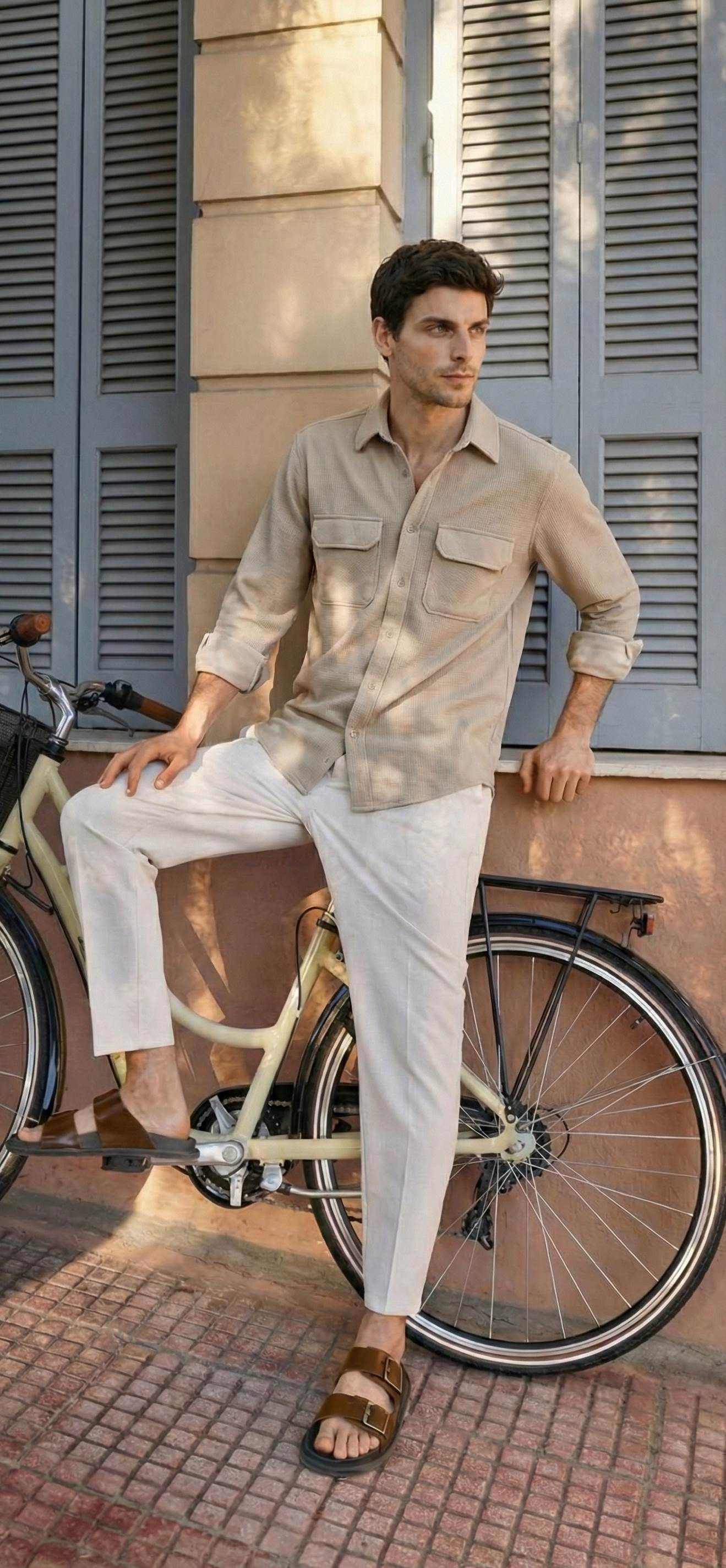 Beige Color Double Side Patch Pocket Knitted Fabric Shirt