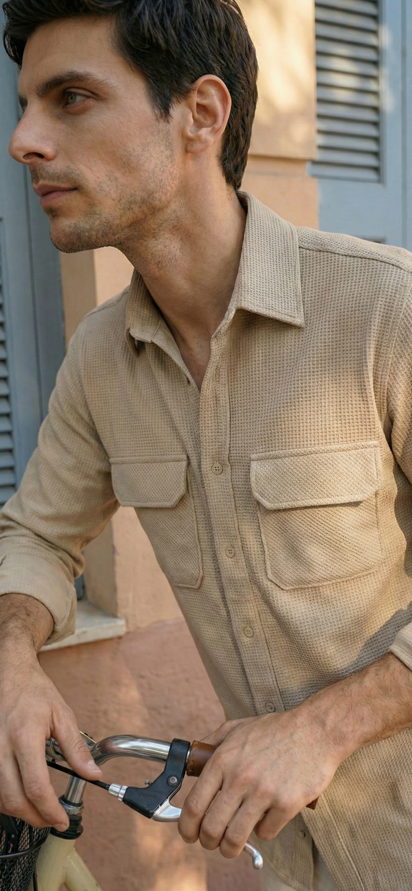 Beige Color Double Side Patch Pocket Knitted Fabric Shirt