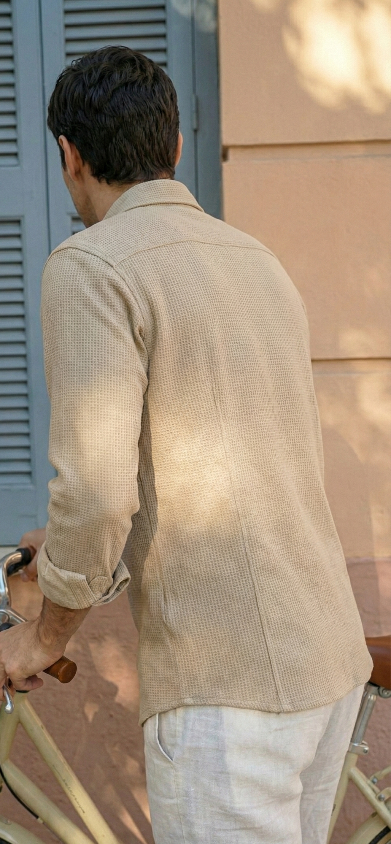 Beige Color Double Side Patch Pocket Knitted Fabric Shirt