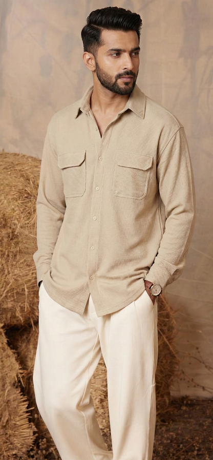 Beige Color Double Side Patch Pocket Knitted Fabric Shirt