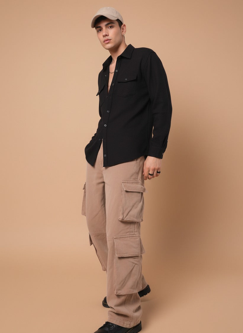 Black Color Double Side Patch Pocket Knitted Fabric Shirt