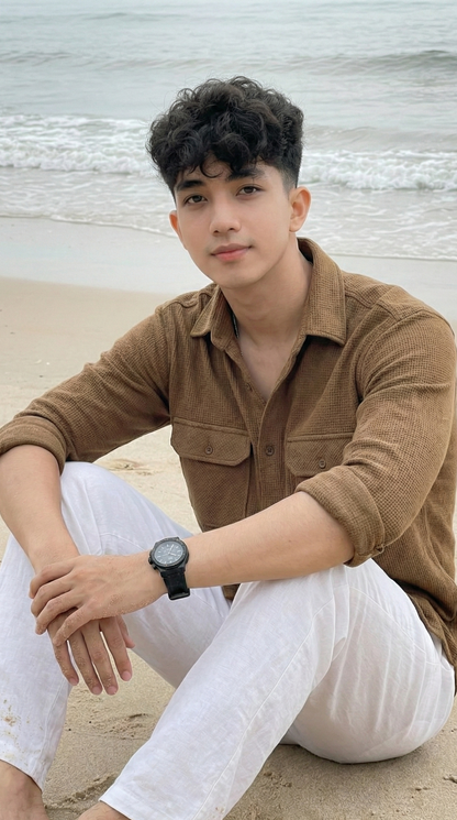 Camel Brown Color Double Side Patch Pocket Knitted Fabric Shirt