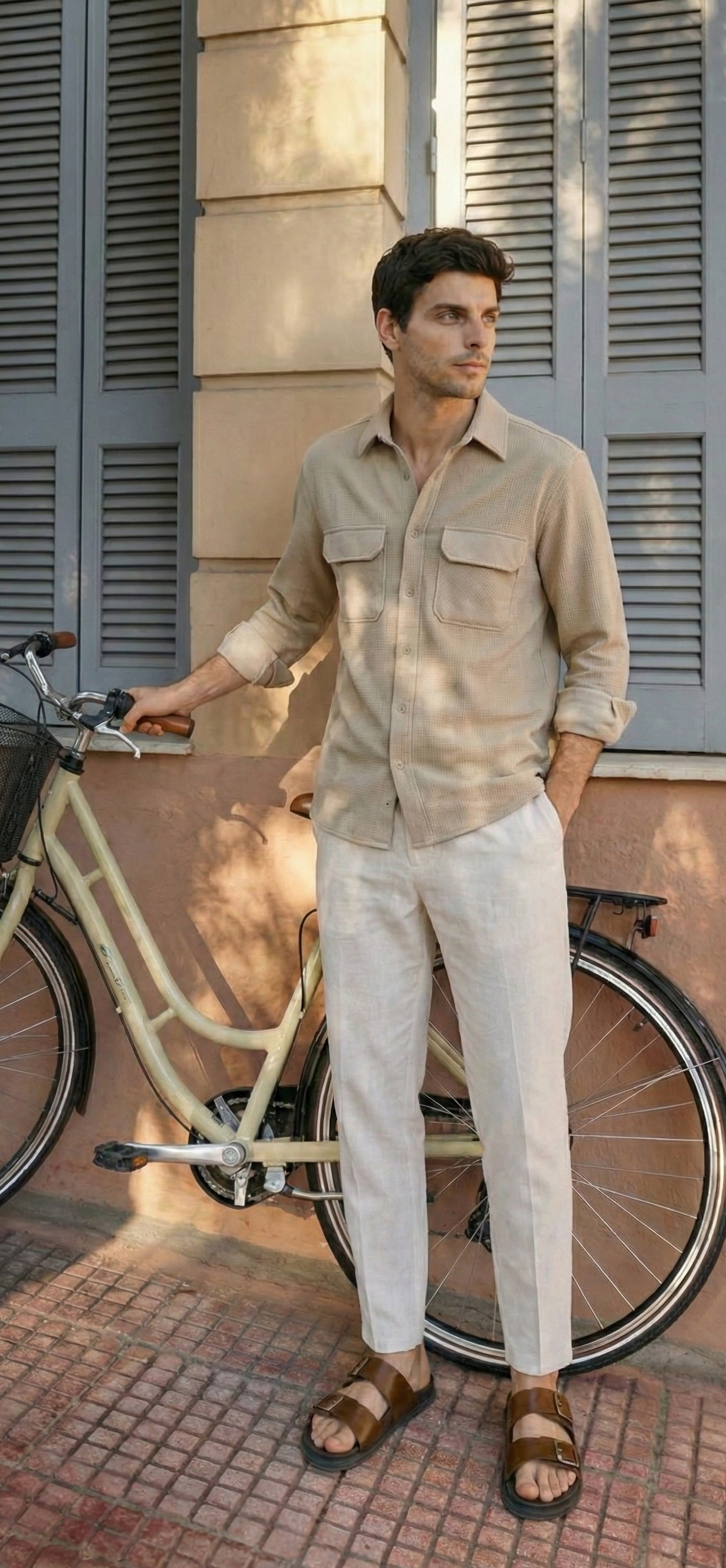 Beige Color Double Side Patch Pocket Knitted Fabric Shirt