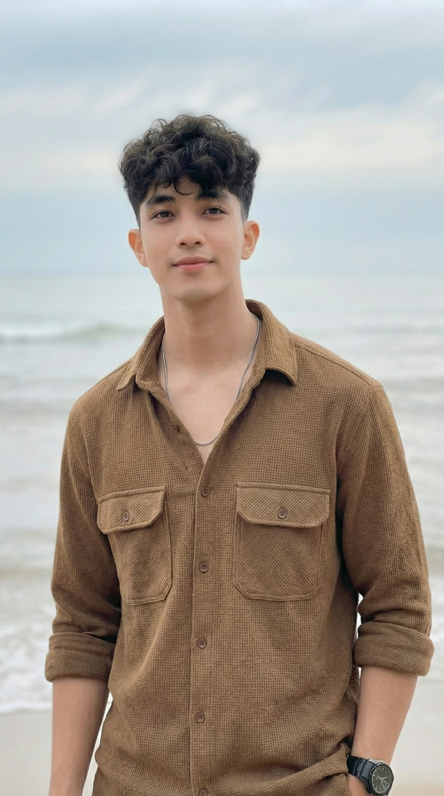 Camel Brown Color Double Side Patch Pocket Knitted Fabric Shirt