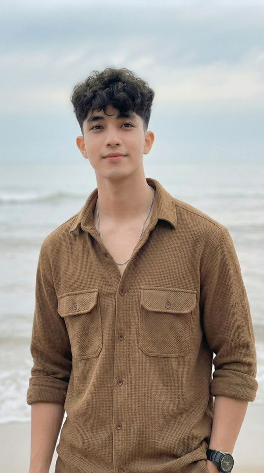 Camel Brown Color Double Side Patch Pocket Knitted Fabric Shirt