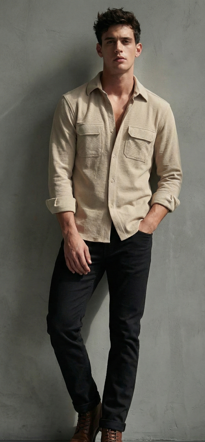 Beige Color Double Side Patch Pocket Knitted Fabric Shirt