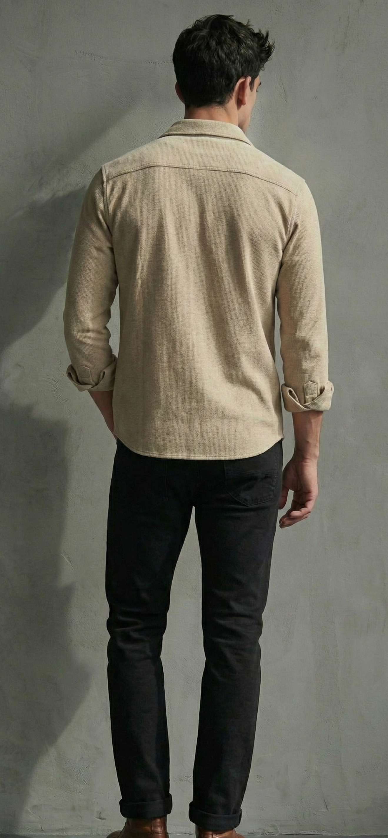 Beige Color Double Side Patch Pocket Knitted Fabric Shirt