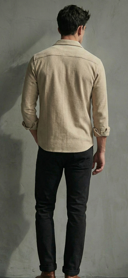 Beige Color Double Side Patch Pocket Knitted Fabric Shirt