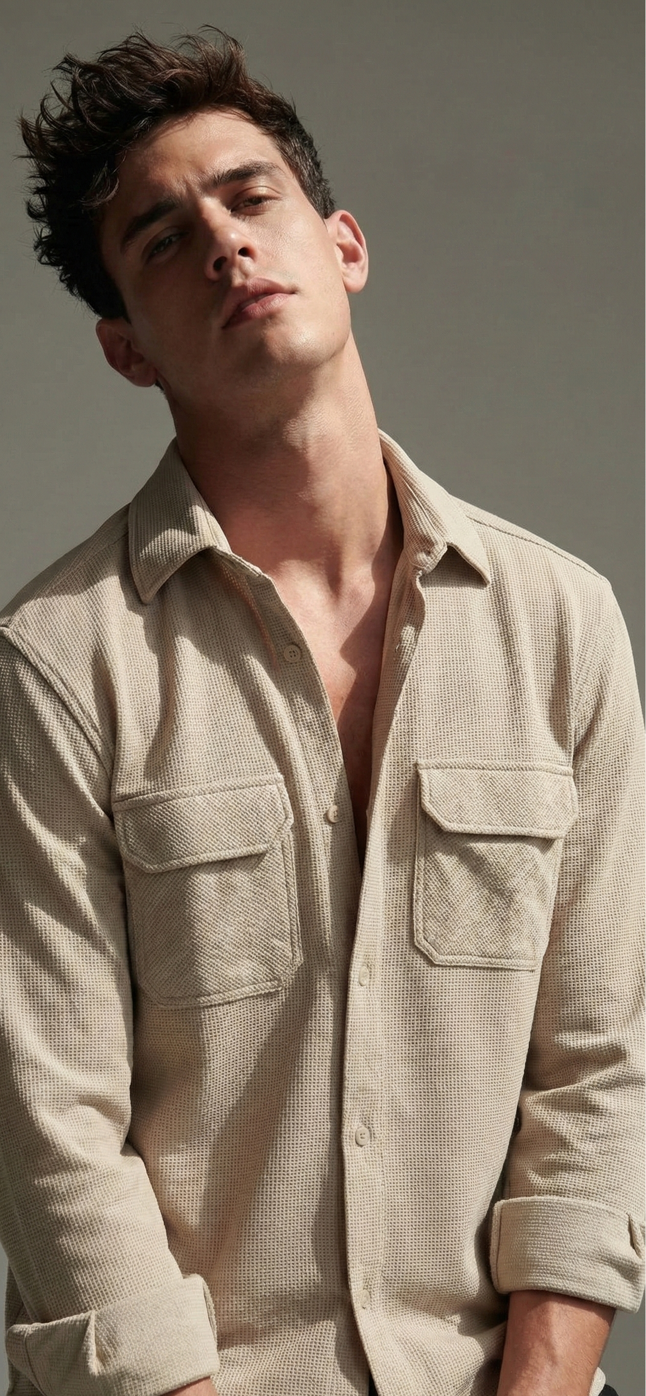 Beige Color Double Side Patch Pocket Knitted Fabric Shirt