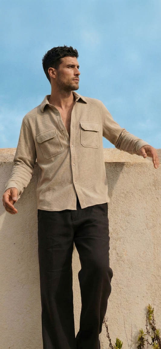 Beige Color Double Side Patch Pocket Knitted Fabric Shirt