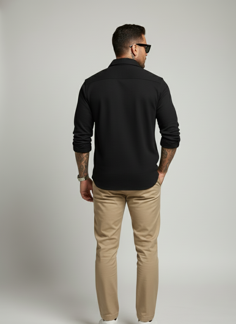Black Color Double Side Patch Pocket Knitted Fabric Shirt