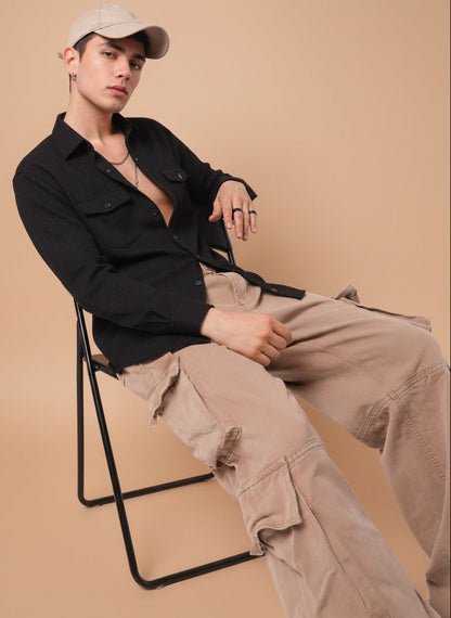 Black Color Double Side Patch Pocket Knitted Fabric Shirt