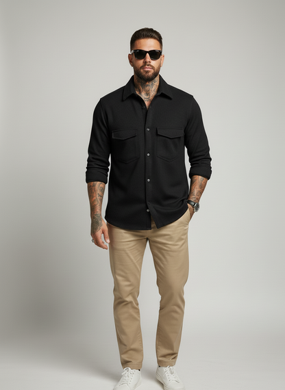 Black Color Double Side Patch Pocket Knitted Fabric Shirt