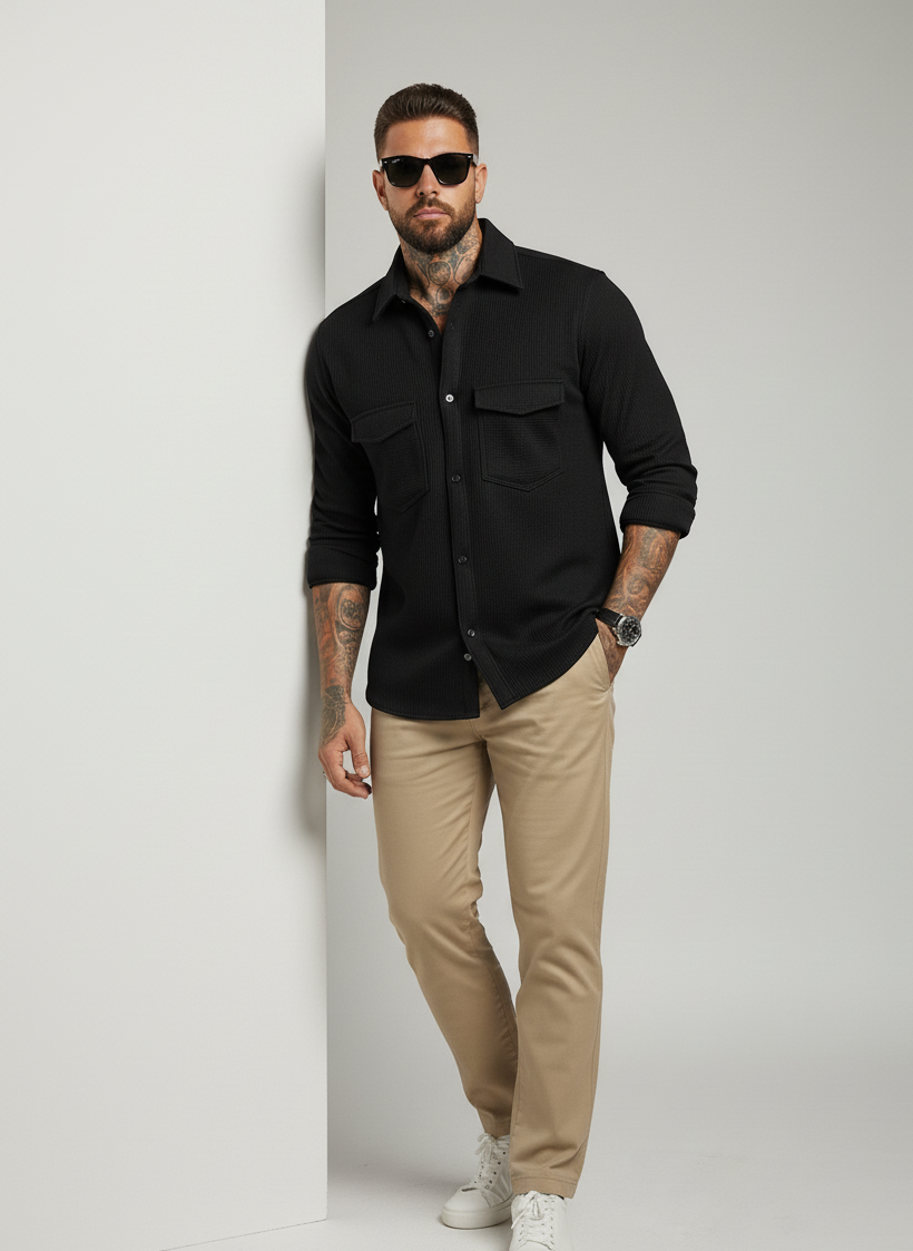 Black Color Double Side Patch Pocket Knitted Fabric Shirt