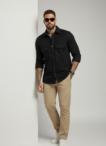 Black Color Double Side Patch Pocket Knitted Fabric Shirt