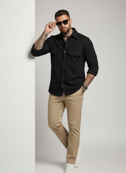 Black Color Double Side Patch Pocket Knitted Fabric Shirt