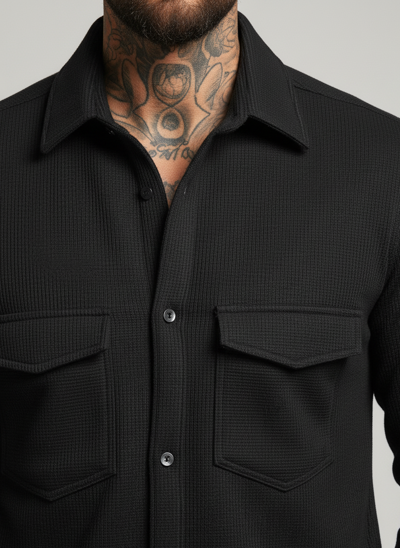 Black Color Double Side Patch Pocket Knitted Fabric Shirt