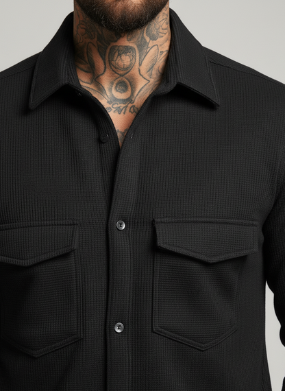 Black Color Double Side Patch Pocket Knitted Fabric Shirt