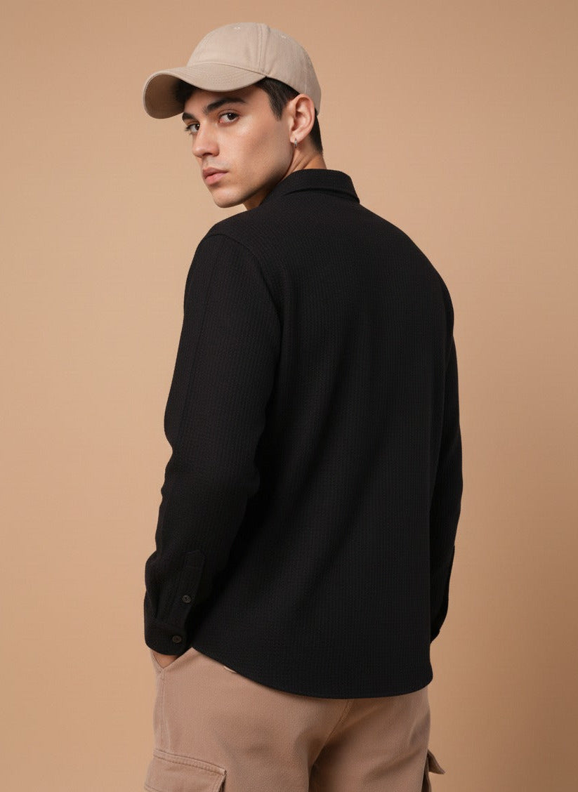 Black Color Double Side Patch Pocket Knitted Fabric Shirt