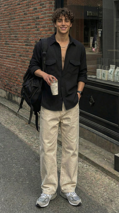 Black Color Double Side Patch Pocket Knitted Fabric Shirt