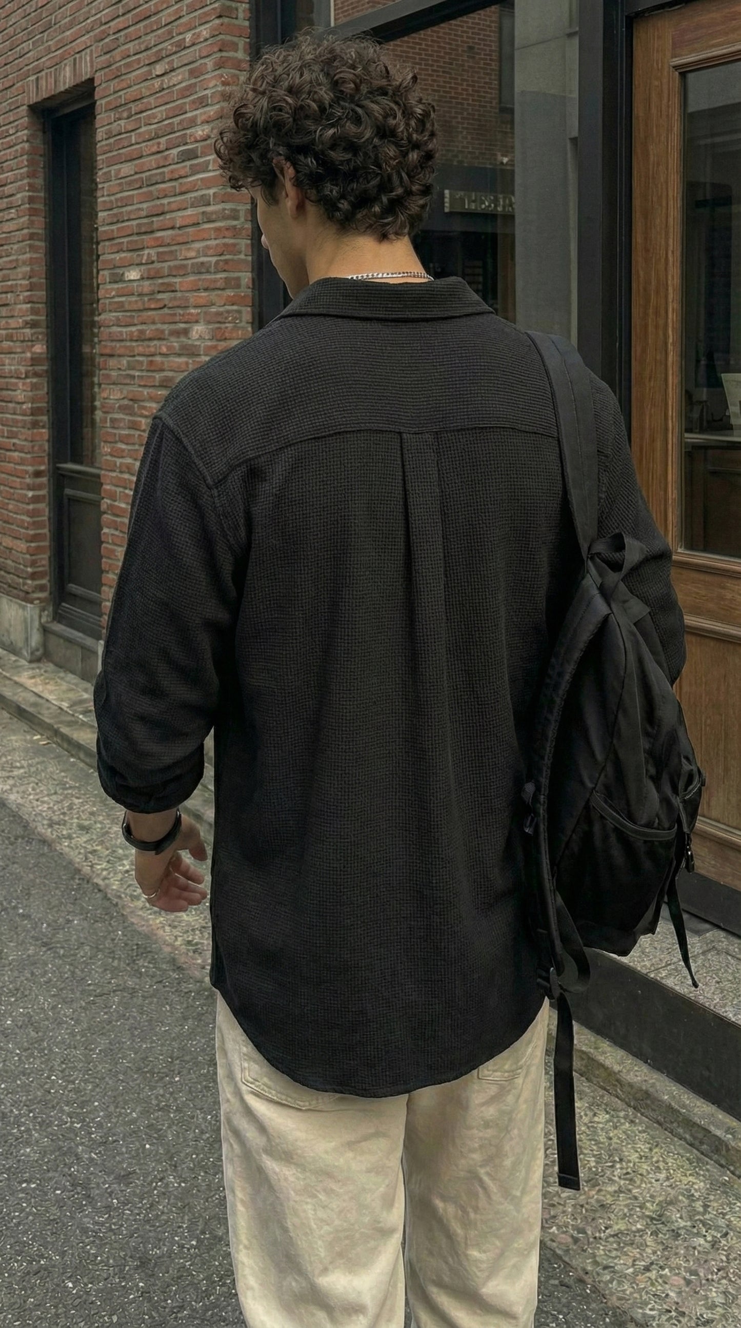 Black Color Double Side Patch Pocket Knitted Fabric Shirt