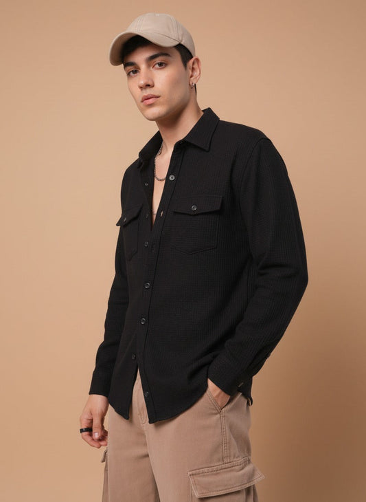 Black Color Double Side Patch Pocket Knitted Fabric Shirt