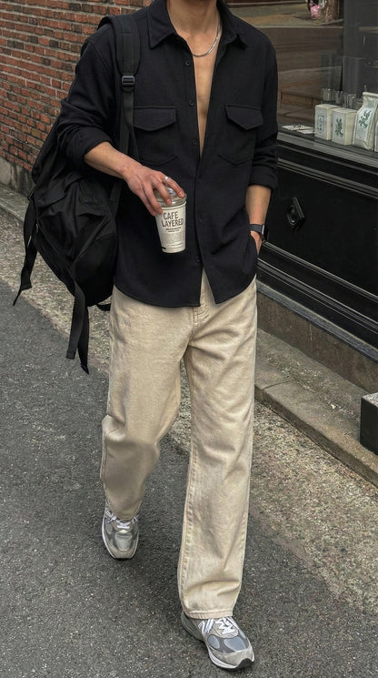 Black Color Double Side Patch Pocket Knitted Fabric Shirt