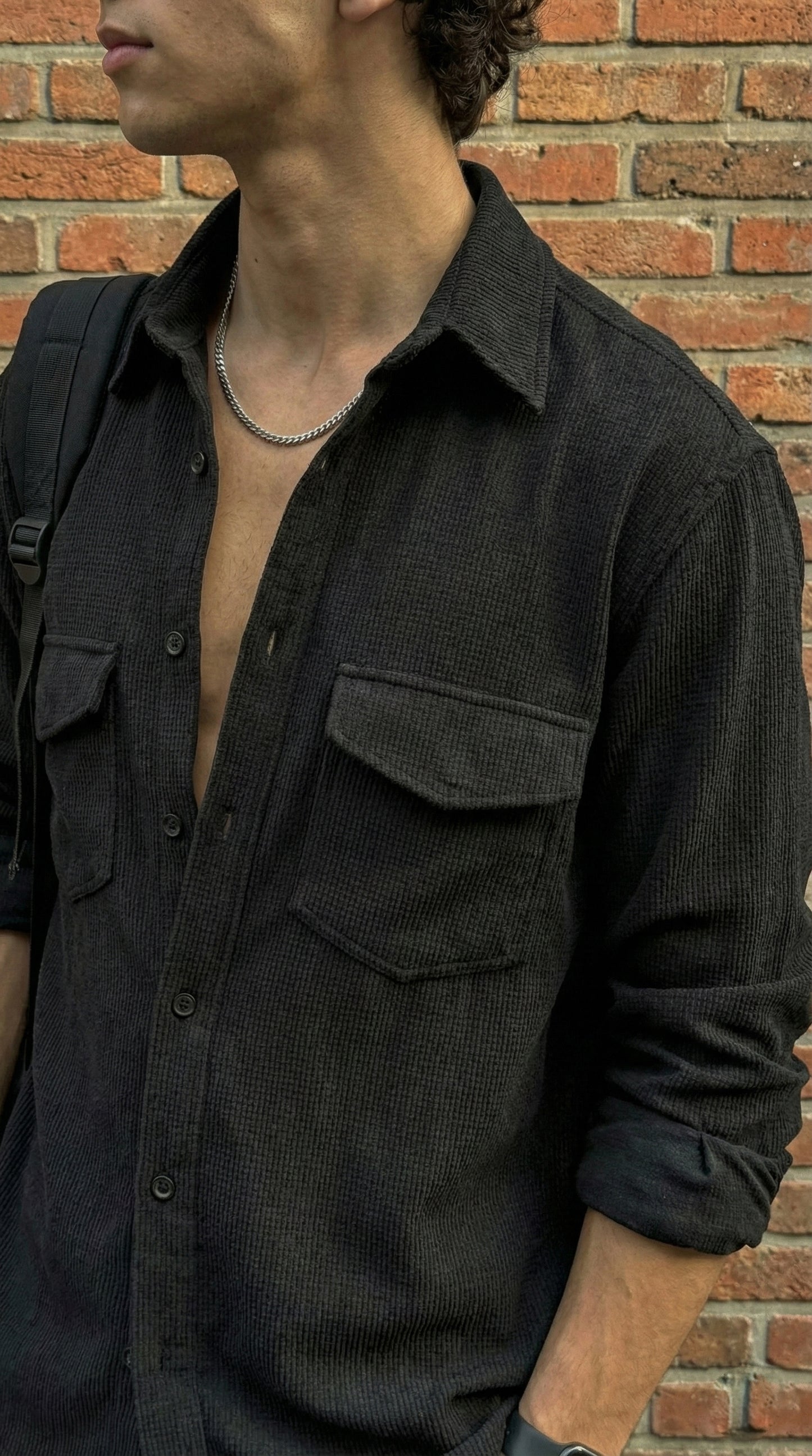 Black Color Double Side Patch Pocket Knitted Fabric Shirt