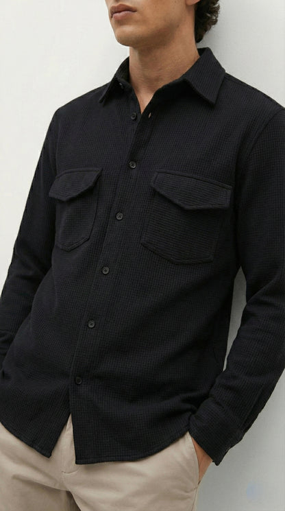 Black Color Double Side Patch Pocket Knitted Fabric Shirt