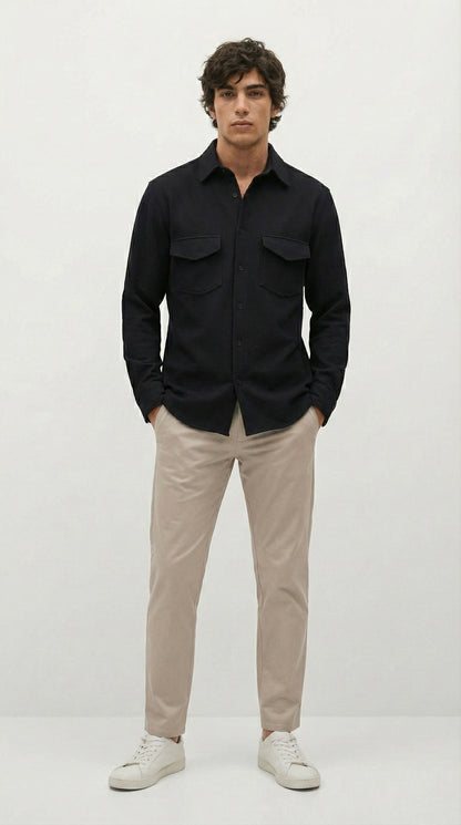 Black Color Double Side Patch Pocket Knitted Fabric Shirt