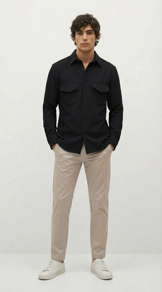 Black Color Double Side Patch Pocket Knitted Fabric Shirt