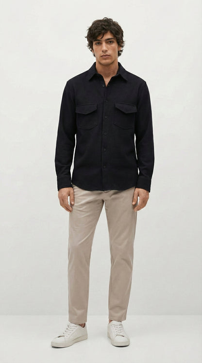 Black Color Double Side Patch Pocket Knitted Fabric Shirt