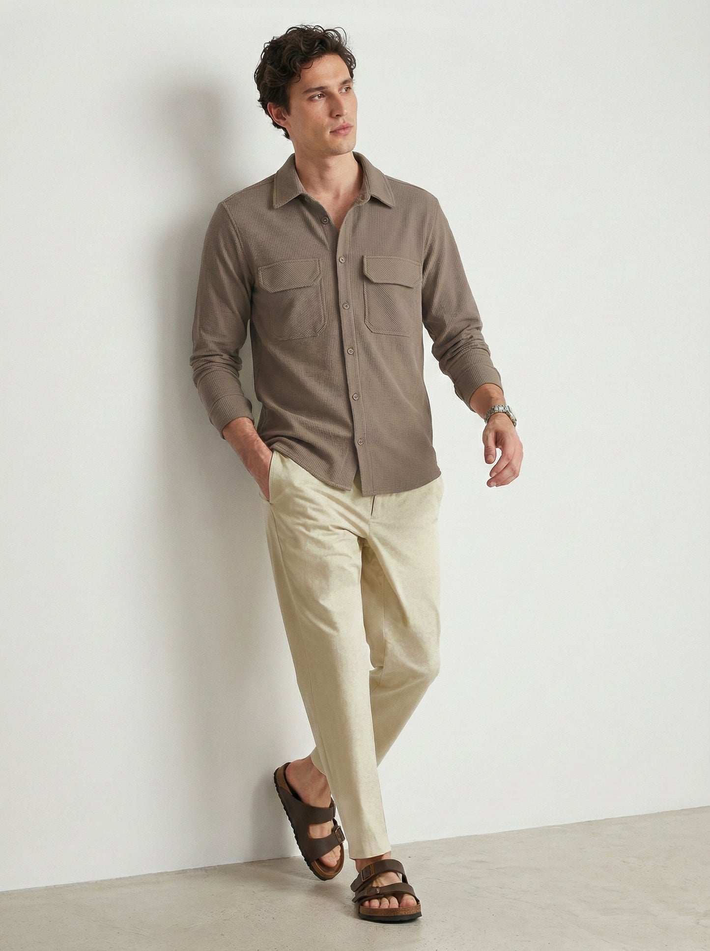 Camel Brown Color Double Side Patch Pocket Knitted Fabric Shirt