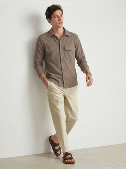 Camel Brown Color Double Side Patch Pocket Knitted Fabric Shirt