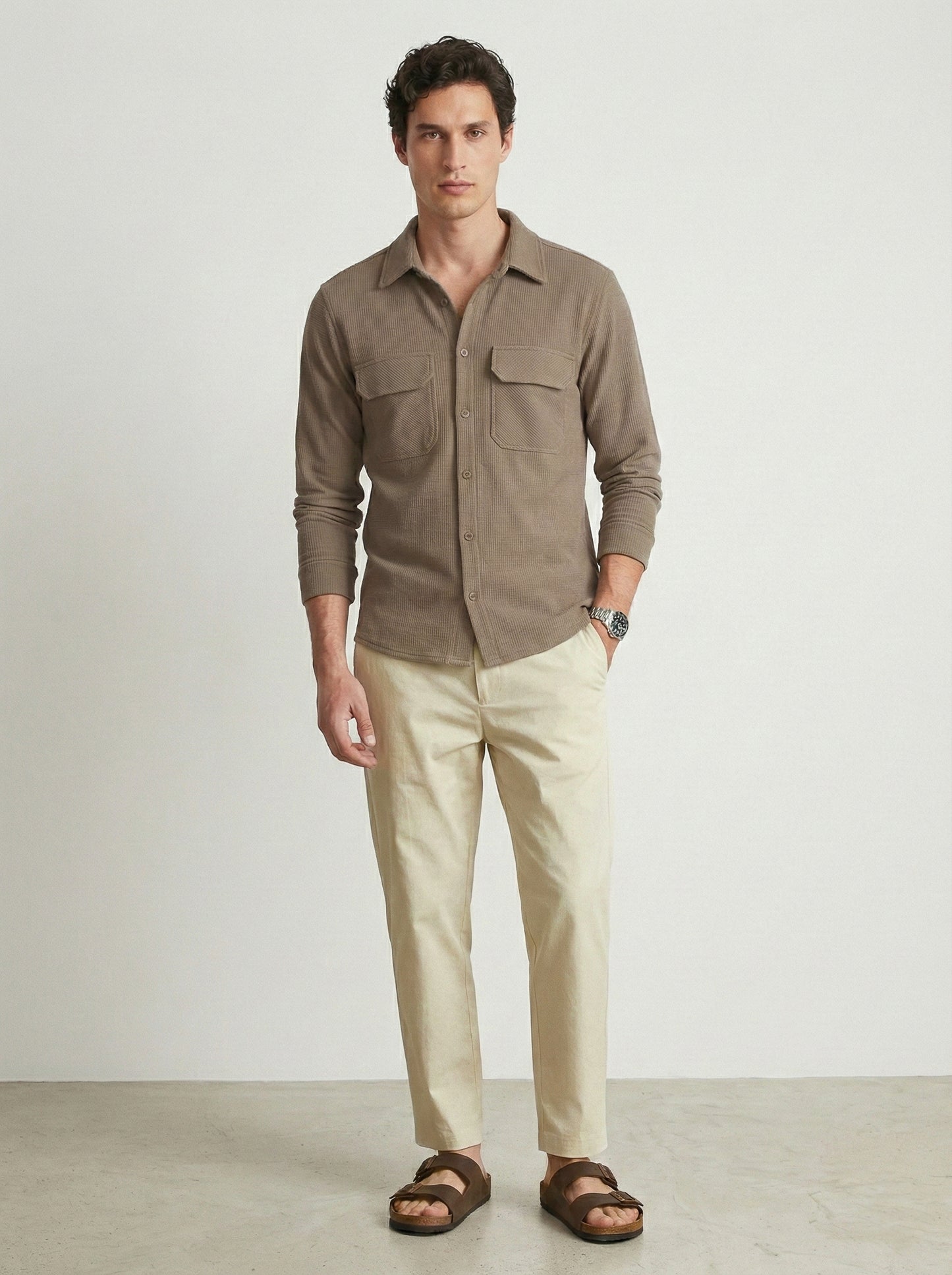 Camel Brown Color Double Side Patch Pocket Knitted Fabric Shirt