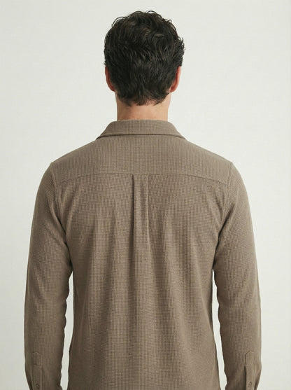 Camel Brown Color Double Side Patch Pocket Knitted Fabric Shirt