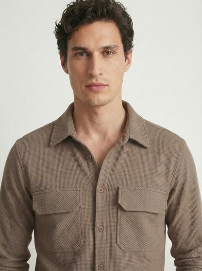 Camel Brown Color Double Side Patch Pocket Knitted Fabric Shirt