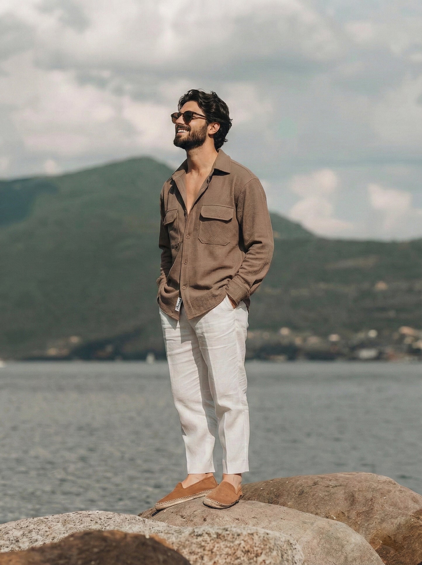 Camel Brown Color Double Side Patch Pocket Knitted Fabric Shirt