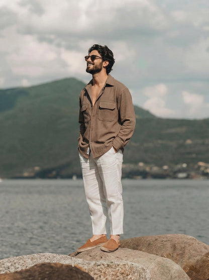 Camel Brown Color Double Side Patch Pocket Knitted Fabric Shirt