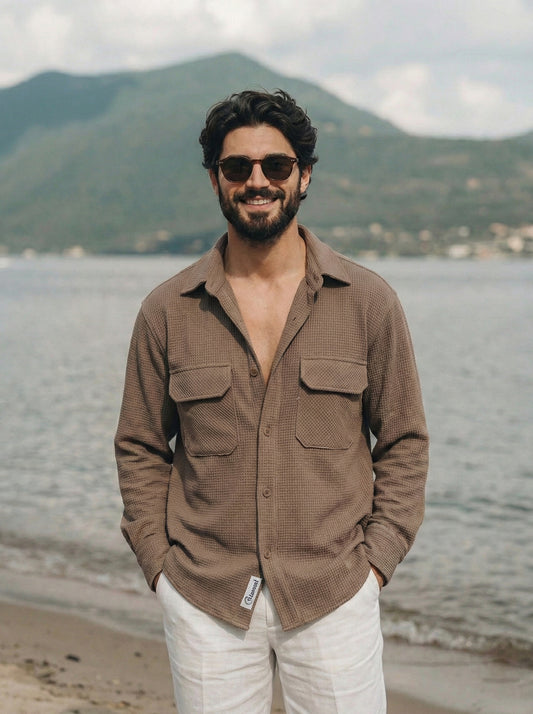 Camel Brown Color Double Side Patch Pocket Knitted Fabric Shirt