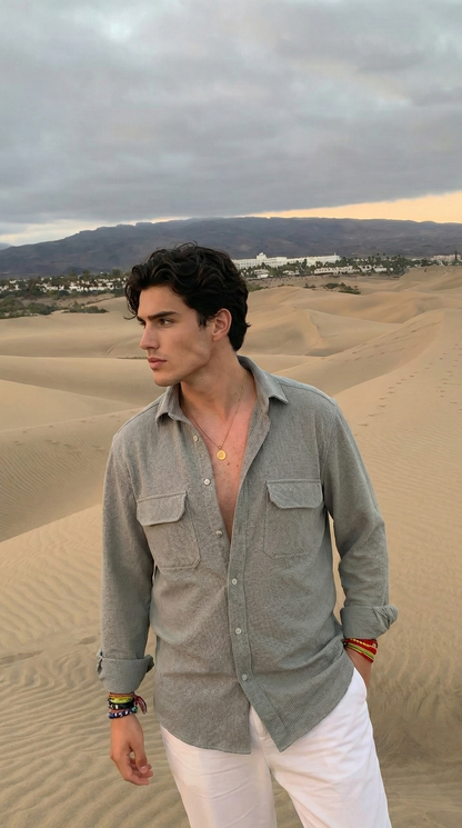 Grey Color Double Side Patch Pocket Knitted Fabric Shirt