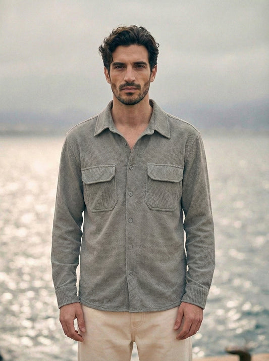 Grey Color Double Side Patch Pocket Knitted Fabric Shirt