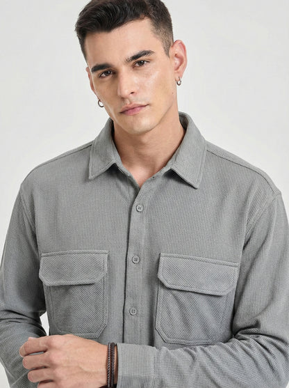 Grey Color Double Side Patch Pocket Knitted Fabric Shirt