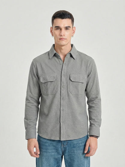 Grey Color Double Side Patch Pocket Knitted Fabric Shirt